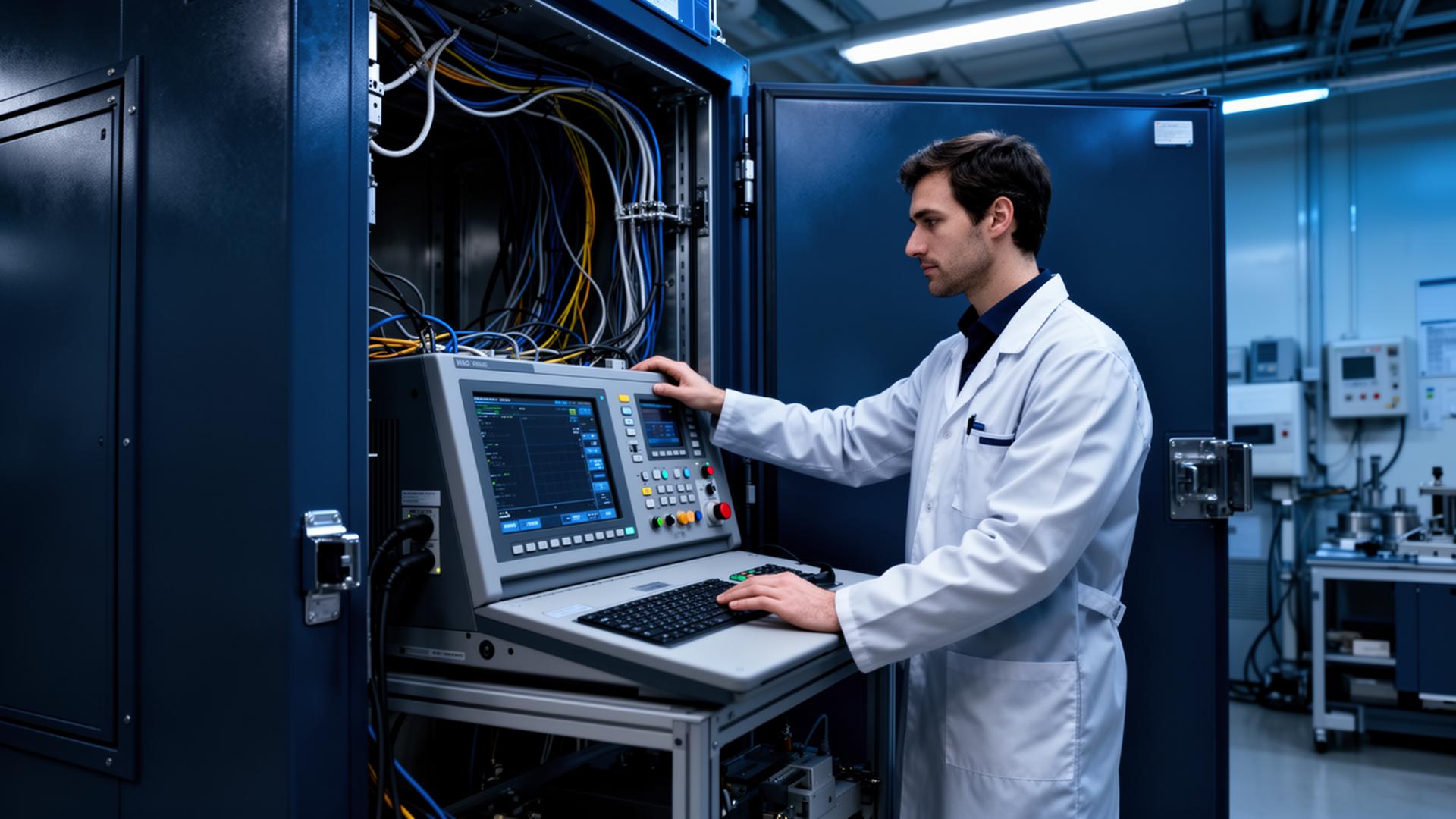Industrial laboratory engineer operating electronic testing equipment